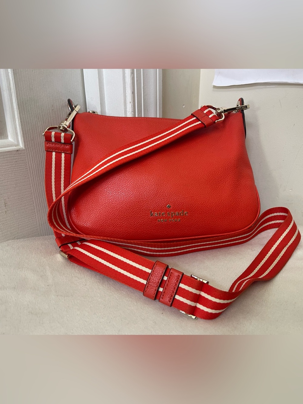 kate spade Red Pebbled Leather Crossbody with Striped Strap - Picture 10 of 11